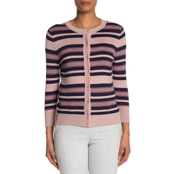 NWT Halogen Striped Crew Neck Cardigan Sweater LP - Picture 2 of 8